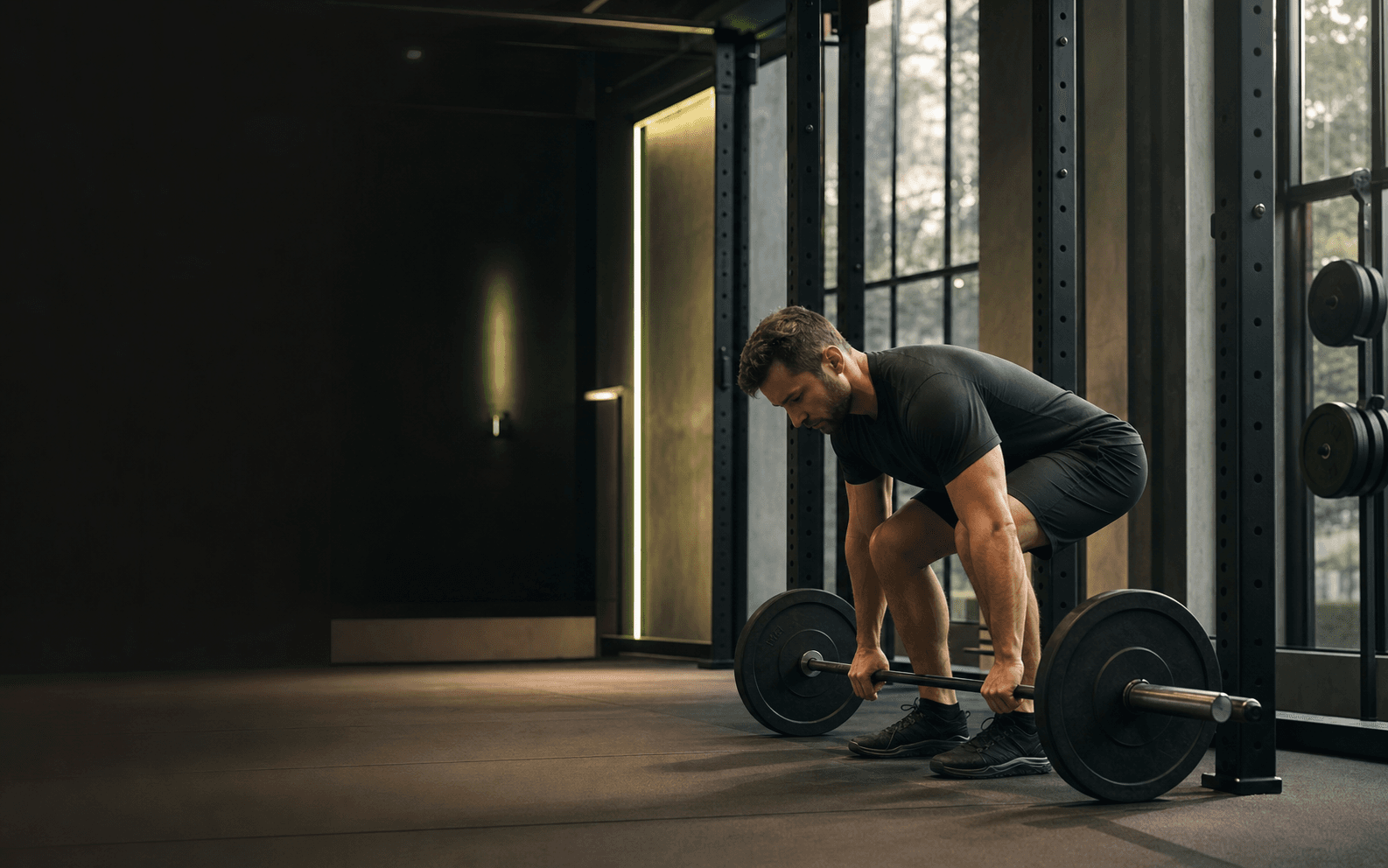 Member preparing for a barbell deadlift in the Apex Form strength studio