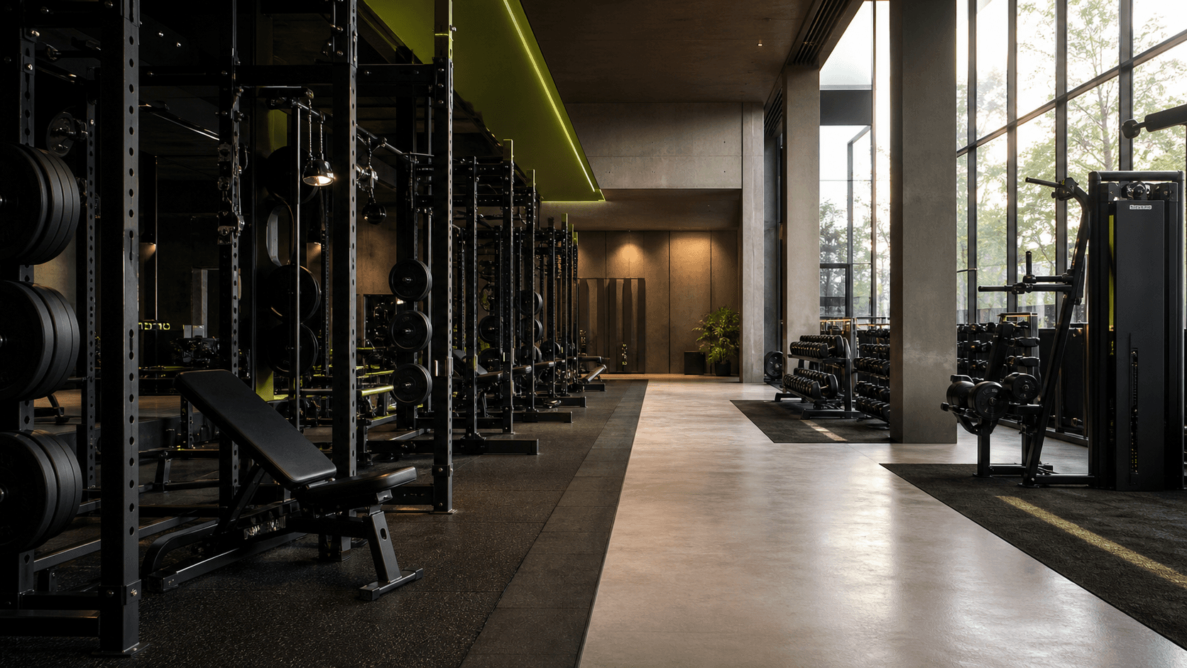 Apex Form strength floor with black racks, free weights, and abundant natural light